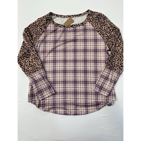 Boutique Tops - Boutique 1X Purple Plaid Leopard Sleeve Raglan Shirt Tunic Top NWOT